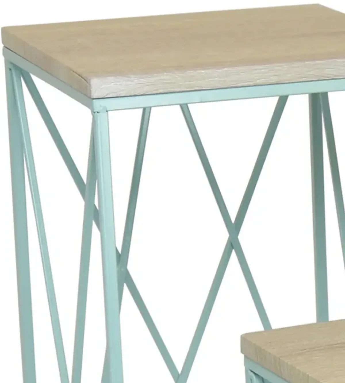 Mito 3pc Nesting Plant Stand Table, Brown Wood Top, X Cross Blue Metal - Benzara