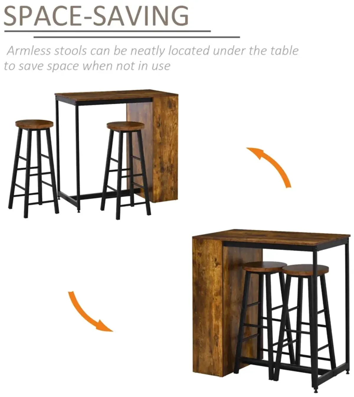 Rustic Brown/Black Dining: 3-Piece Bar Table Set with Stools