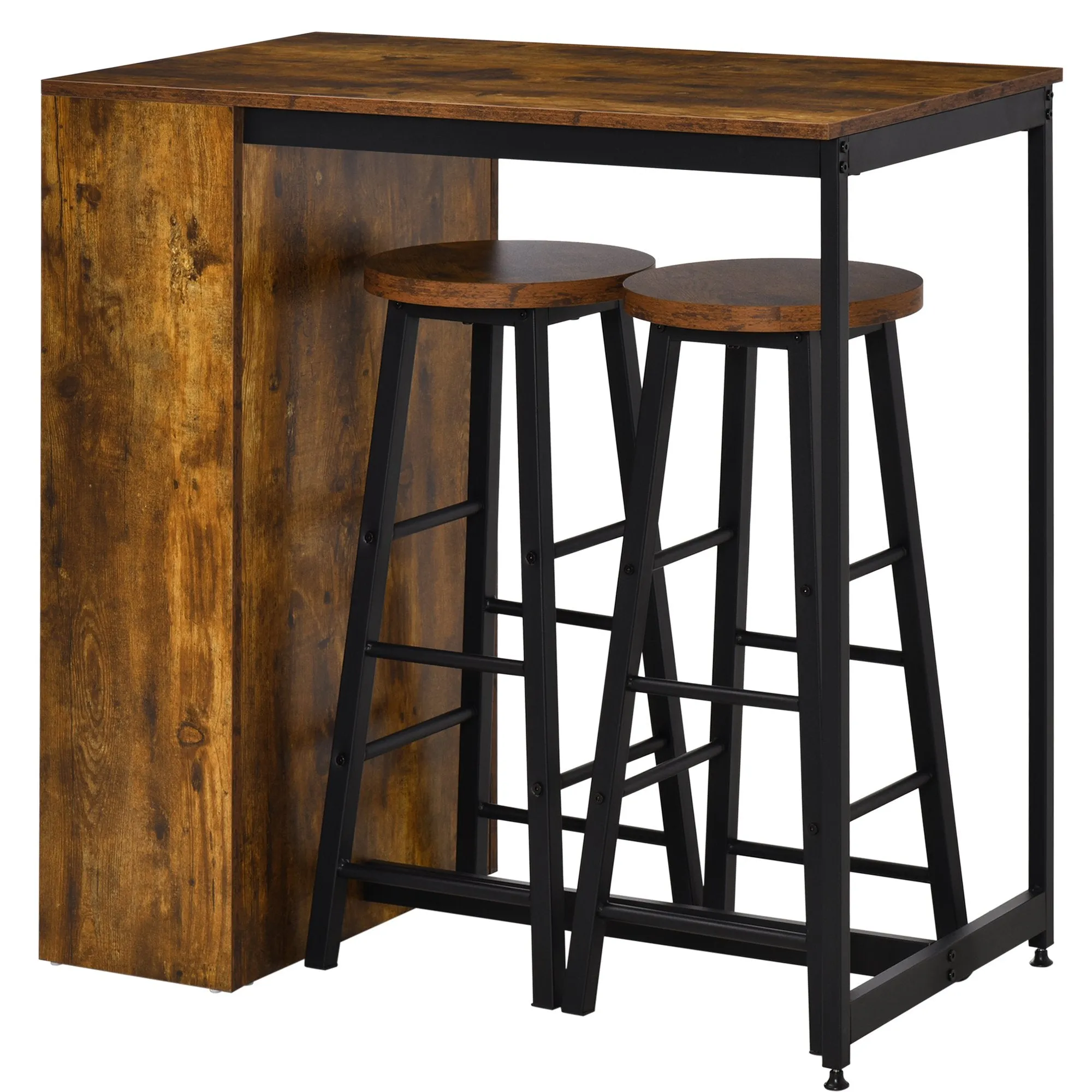 Bar Table and Stools Set, Rustic Brown/Black, 3-Piece with Side Shelf