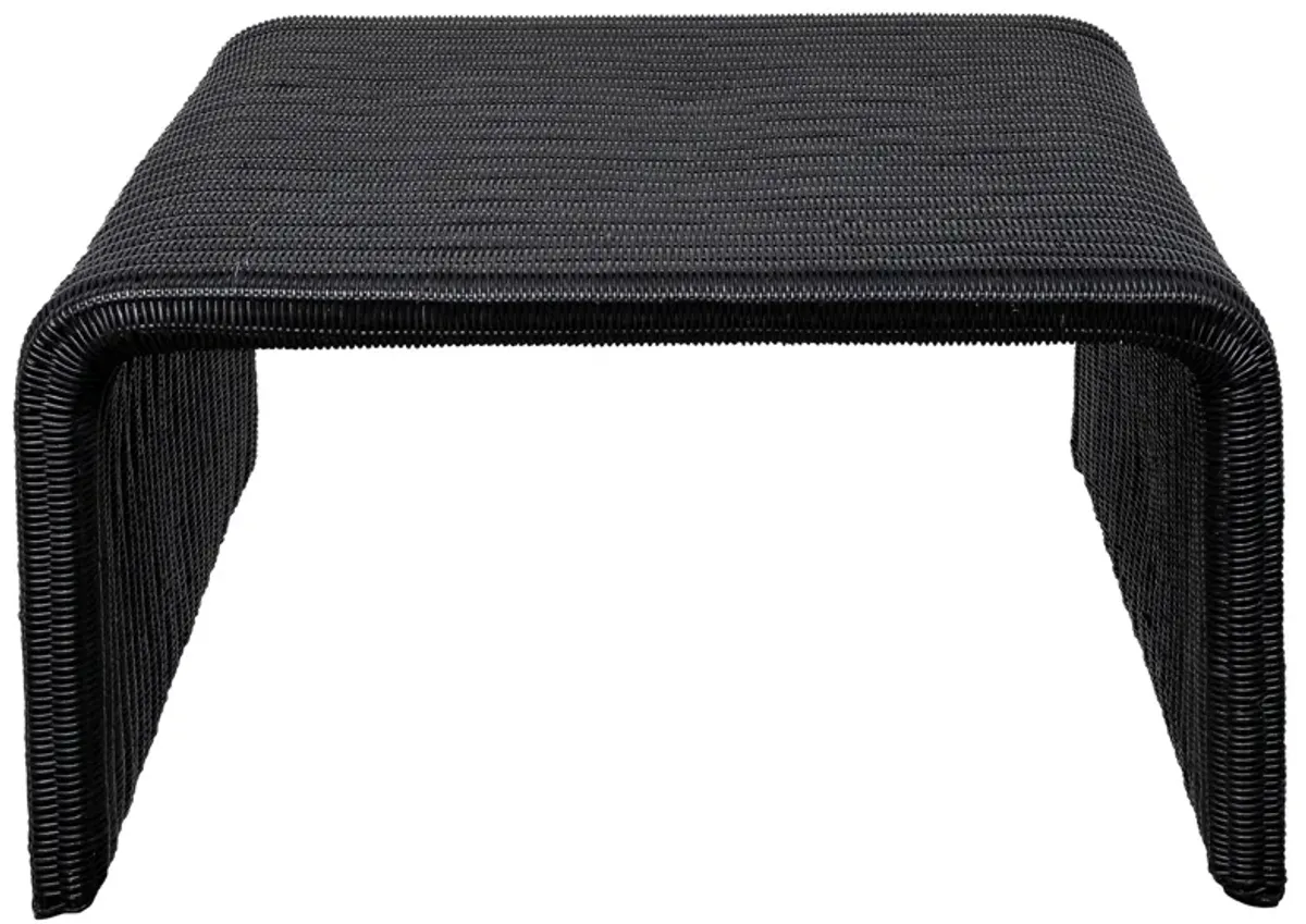 Gigi 36 Inch Coffee Table, Black Woven Rattan, Square Waterfall Edges - Benzara