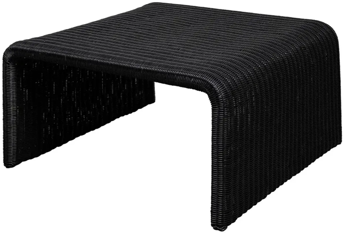 Gigi 36 Inch Coffee Table, Black Woven Rattan, Square Waterfall Edges - Benzara