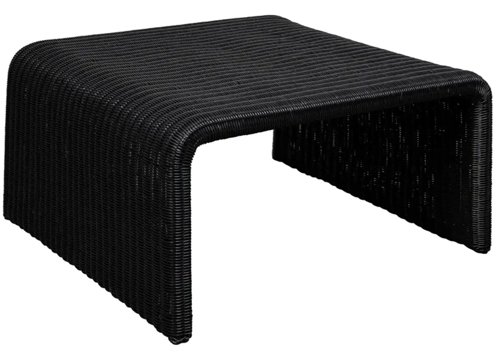 Gigi 36 Inch Coffee Table, Black Woven Rattan, Square Waterfall Edges - Benzara