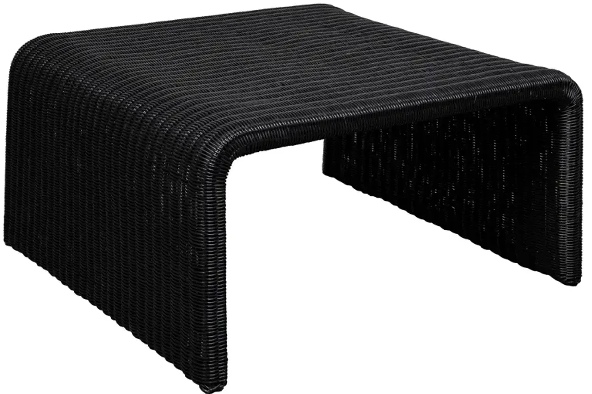 Gigi 36 Inch Coffee Table, Black Woven Rattan, Square Waterfall Edges - Benzara