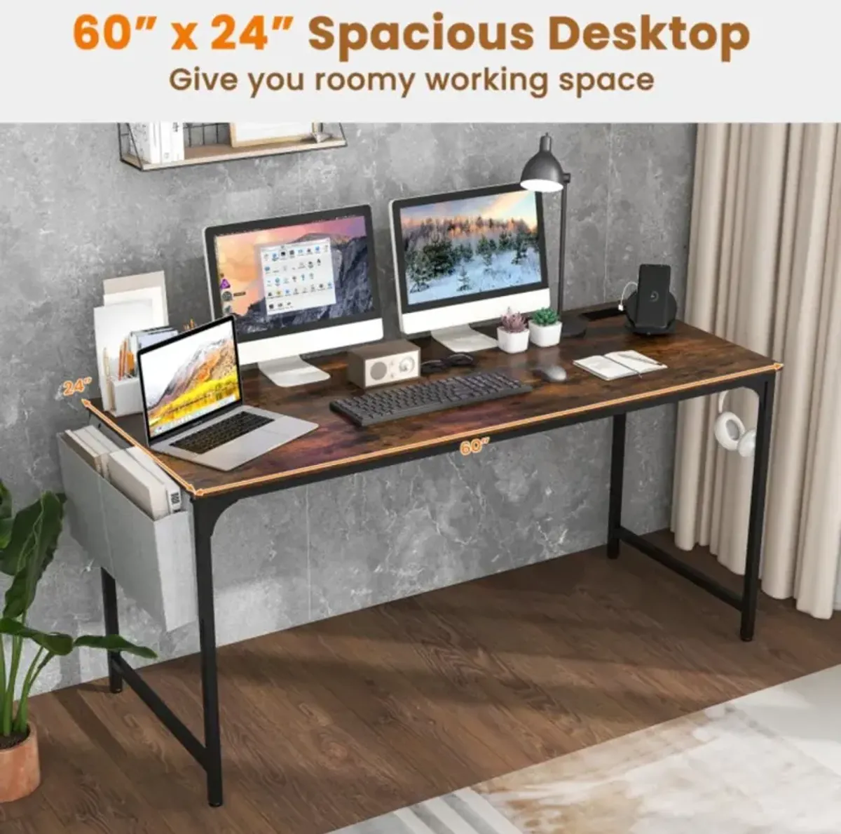 Hivvago 60 Inch Computer Desk with Charging Station Storage Bag