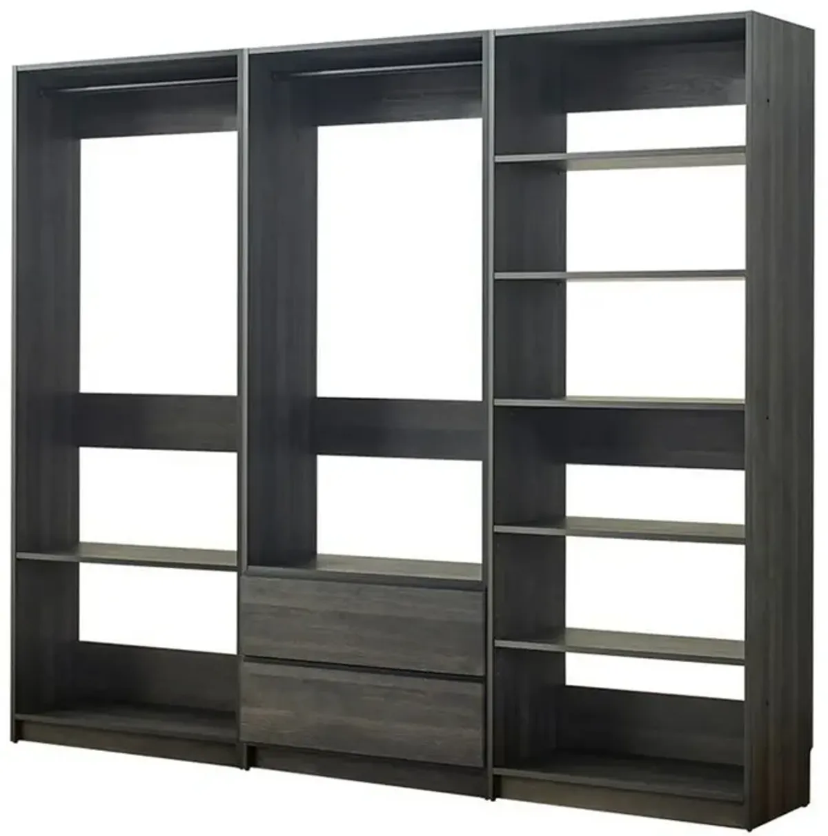 Dee Modular Closet System, 2 Clothing Racks, 6 Shelves, Dark Gray Wood - Benzara