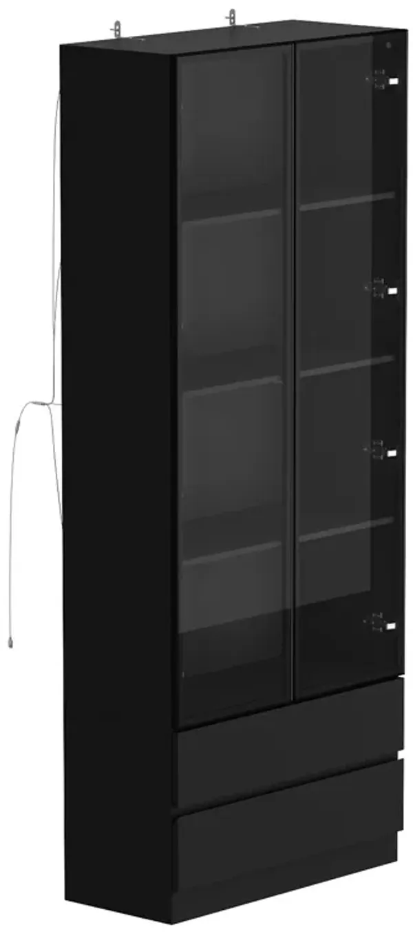 78.7 in. Black Wooden Accent Storage Cabinet With 2-Glass Doors, Drawers, Adjustable Shelves, LED Lights