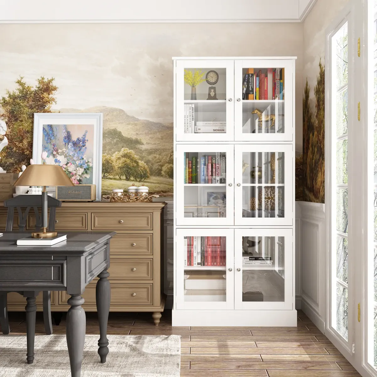 FUFU&GAGA Modern White Bookcase with Double Doors - 67.9" H x 31.5" W  x 15" D , 5 Shelves,White