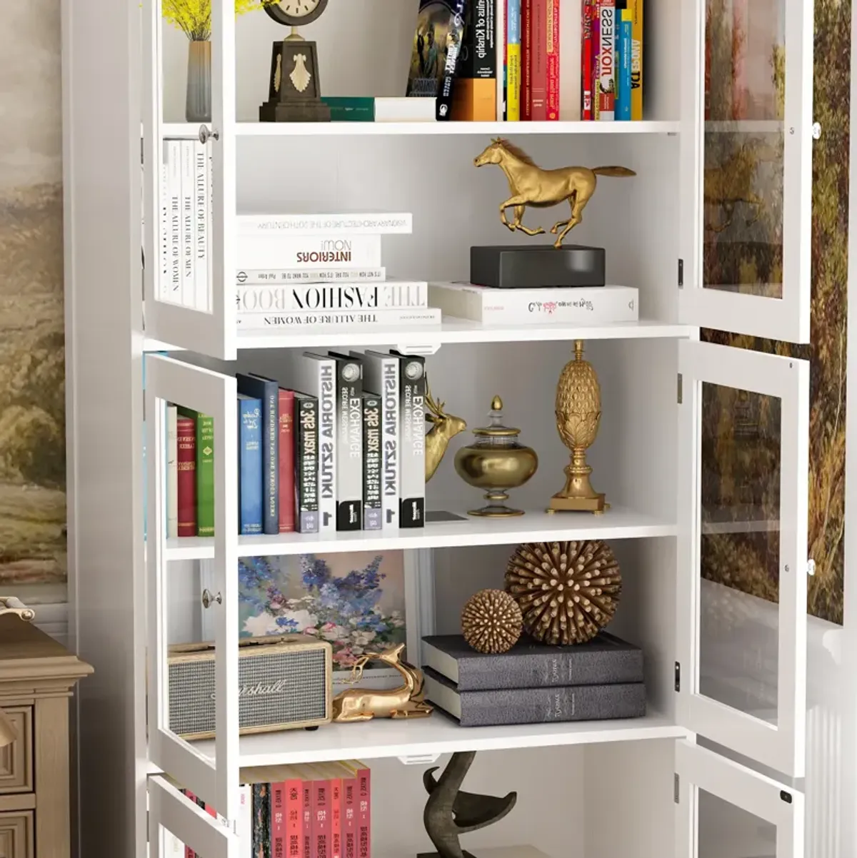 FUFU&GAGA Modern White Bookcase with Double Doors - 67.9" H x 31.5" W  x 15" D , 5 Shelves,White