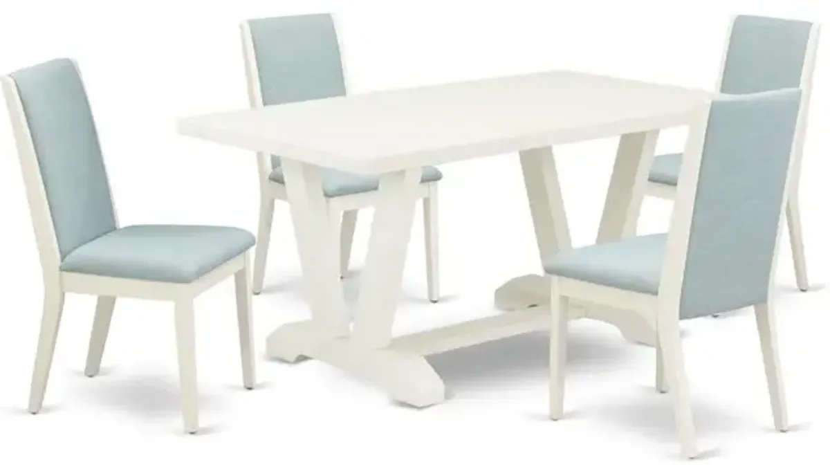East West Furniture V026LA015-5 5Pc Kitchen Table Set Includes a Wood Table and 4 Parson Dining Chairs with Baby Blue Color Linen Fabric, Medium Size Table with Full Back Chairs, Wirebrushed Linen Whi