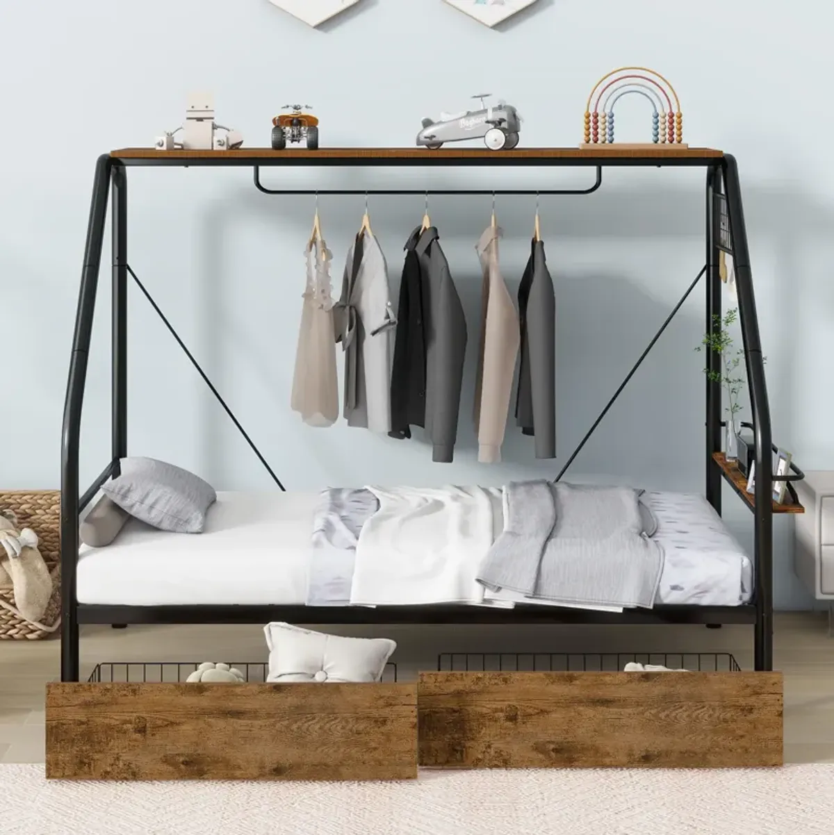 Merax Metal Frame Loft Bed with Clothes Rack