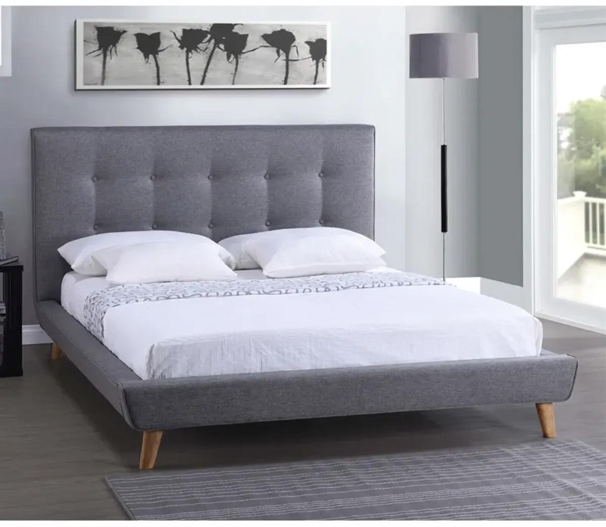Hivvago Full Modern Grey Linen Upholstered Platform Bed with Button Tufted Headboard