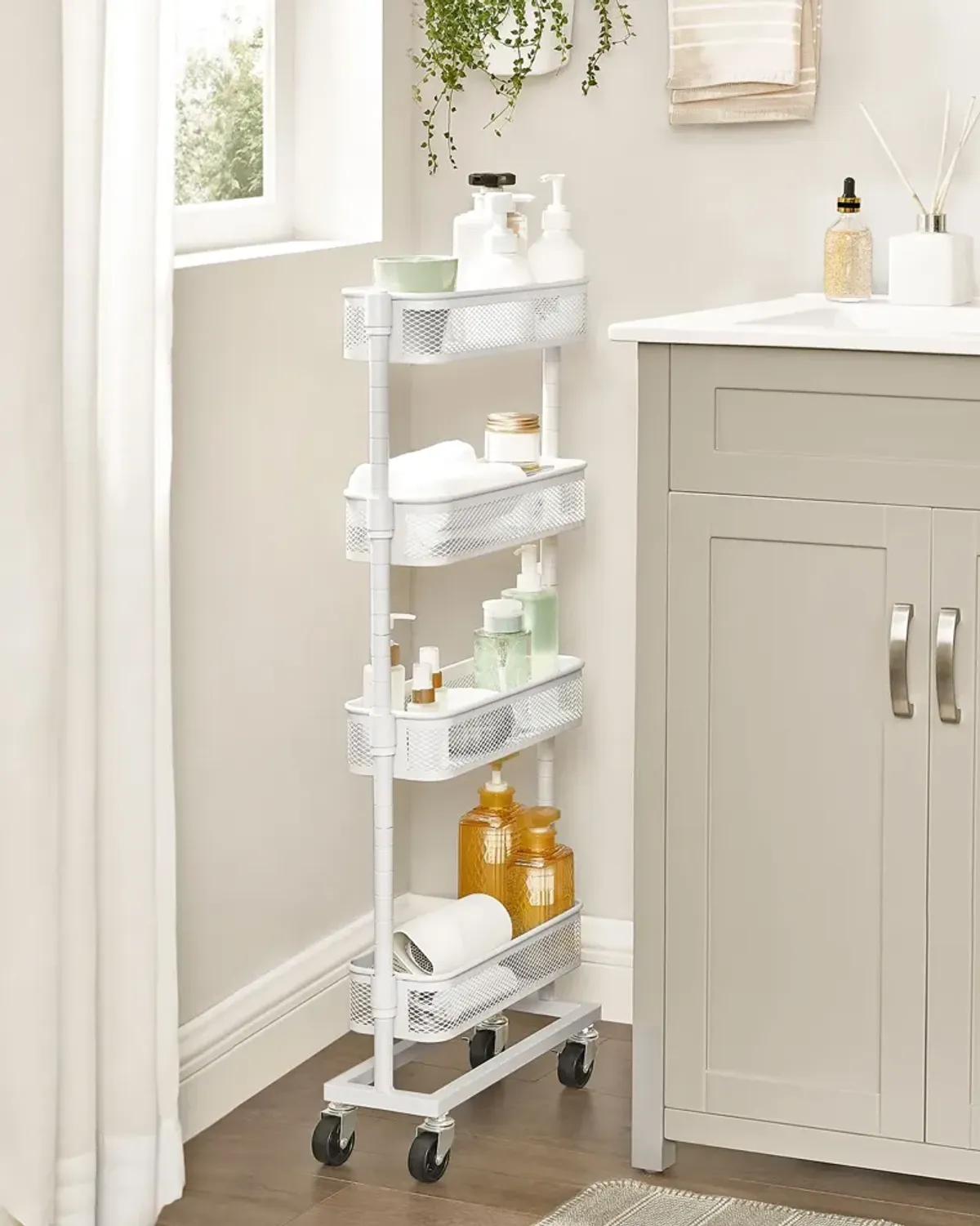 4-Tier Slim Storage Cart - Slide-Out Trolley for Small Spaces, Bathroom, and Kitchen