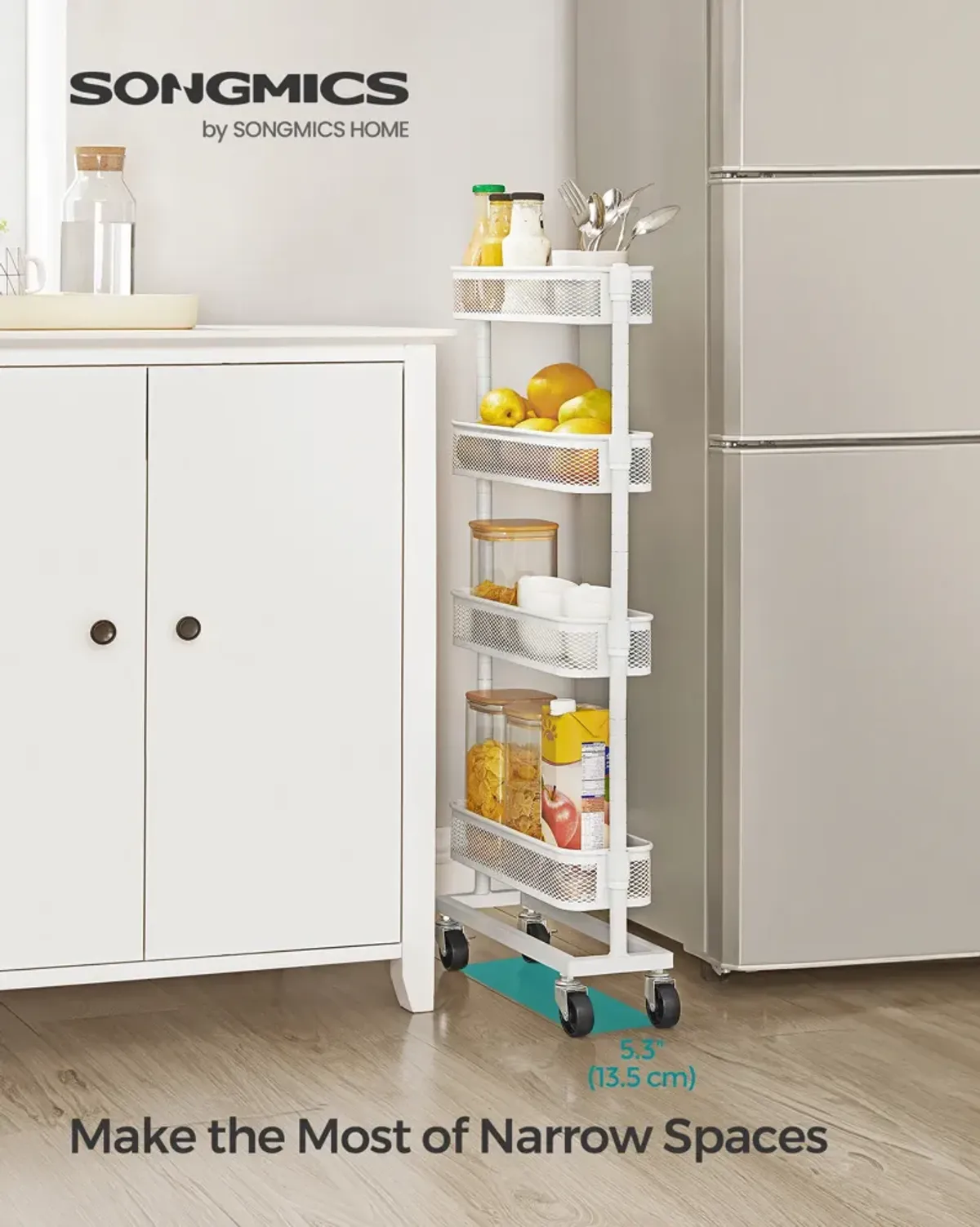 4-Tier Slim Storage Cart - Slide-Out Trolley for Small Spaces, Bathroom, and Kitchen