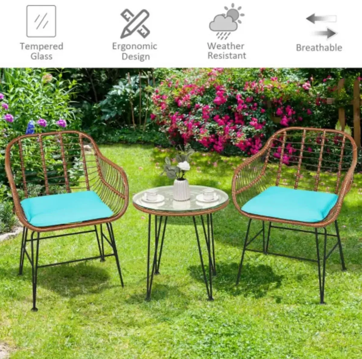 3 Pieces Patio Rattan Bistro Set with Cushion