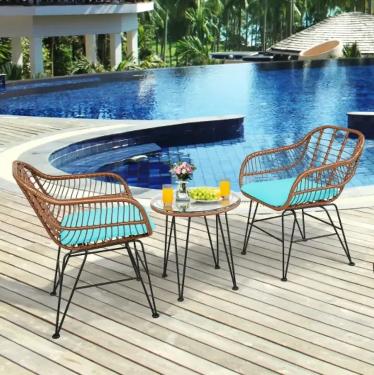 3 Pieces Patio Rattan Bistro Set with Cushion