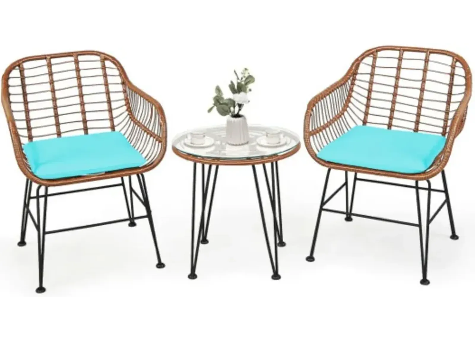 3 Pieces Patio Rattan Bistro Set with Cushion