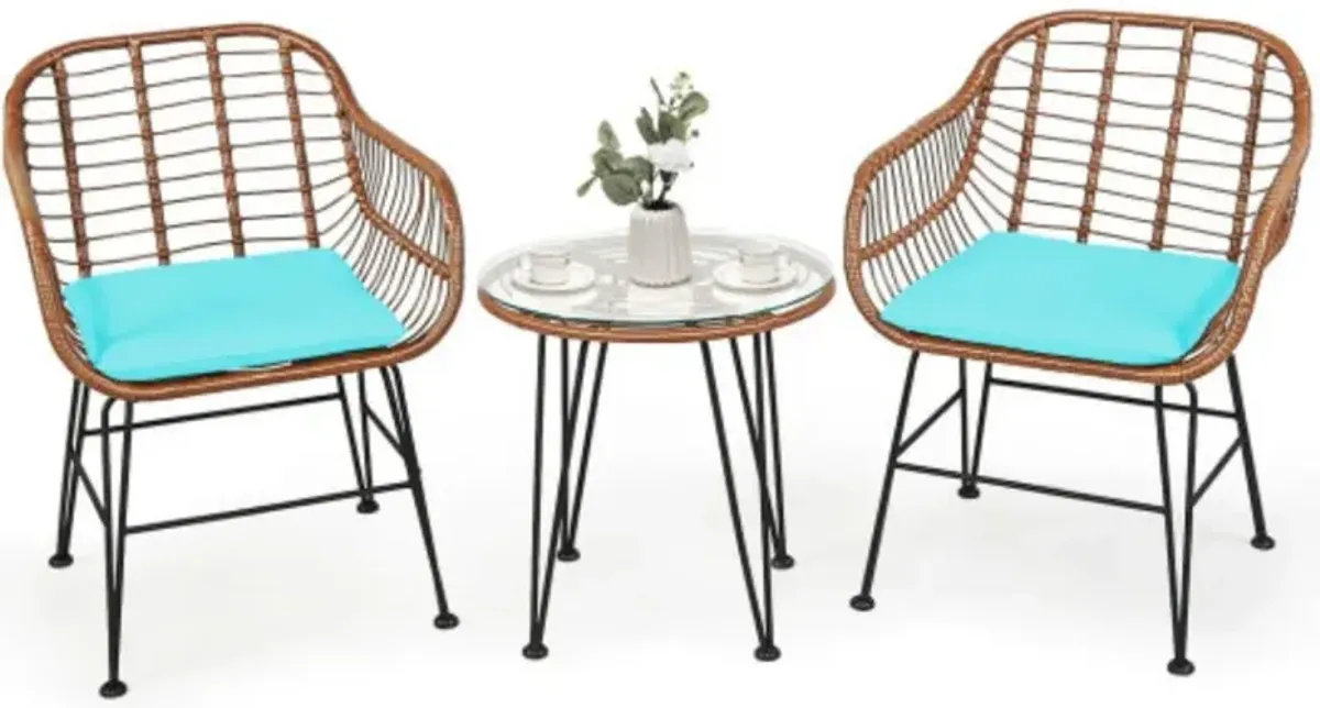 3 Pieces Patio Rattan Bistro Set with Cushion