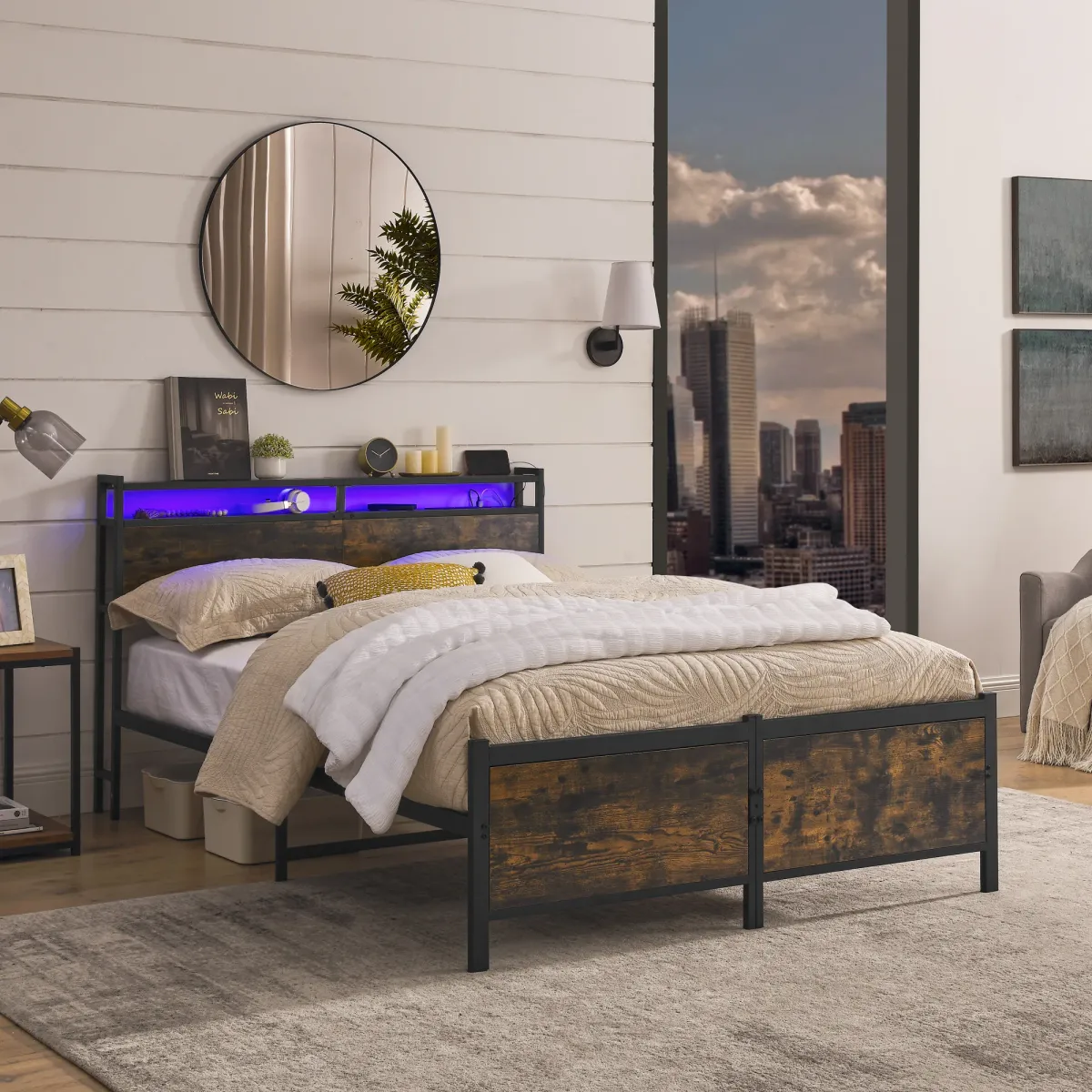 Black Iron Frame Platform Bed with a USB Charging Port