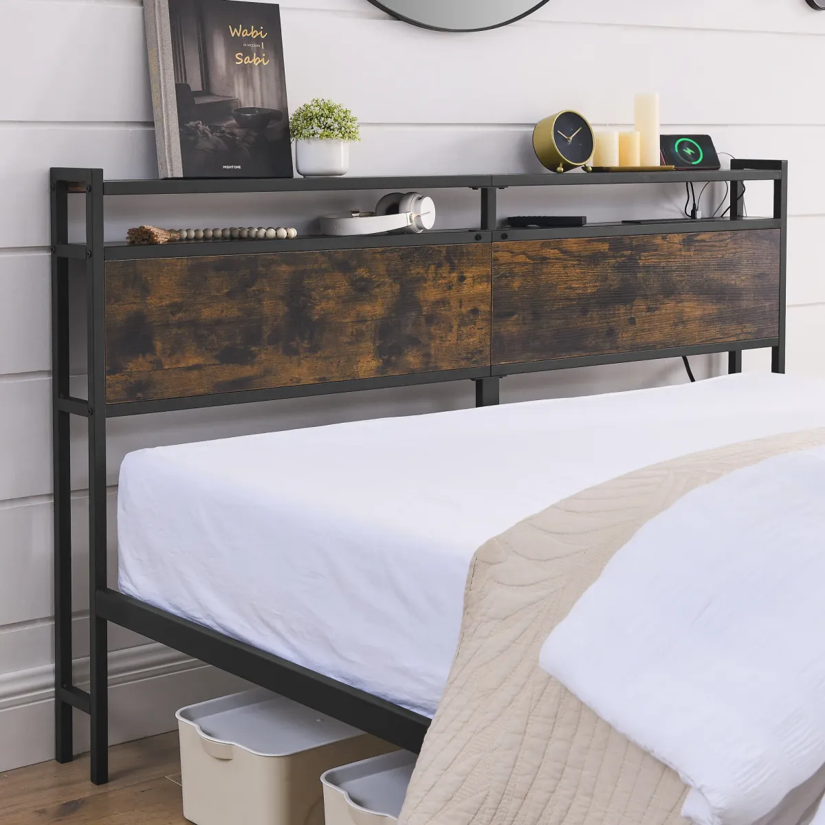 Black Iron Frame Platform Bed with a USB Charging Port