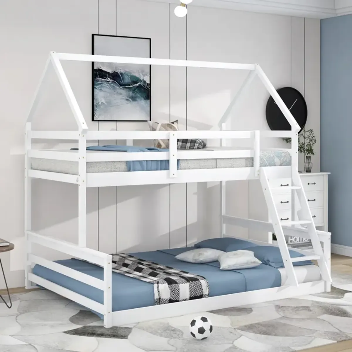 Twin Over Full House Bunk Bed with Built-in Ladder