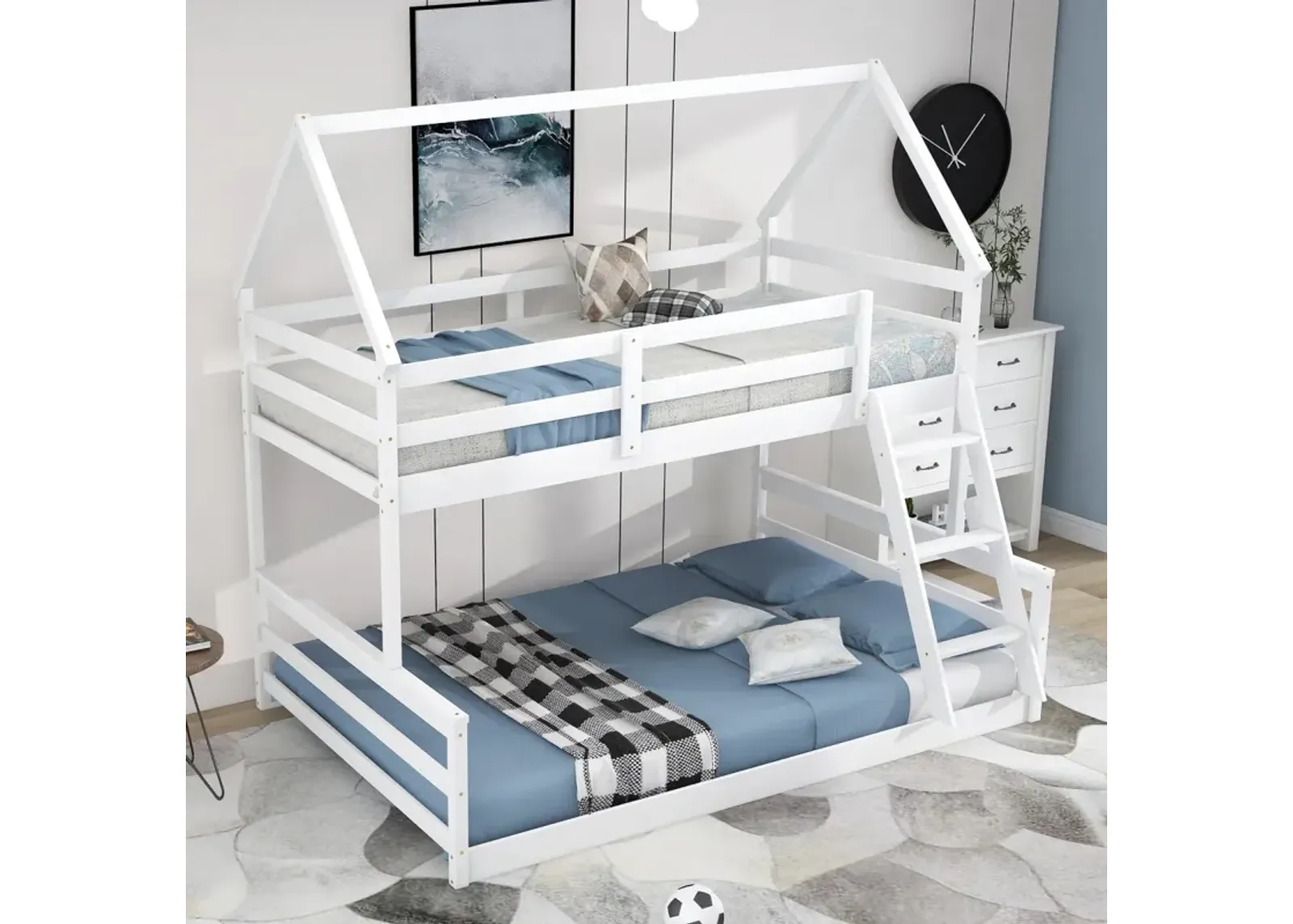 Twin Over Full House Bunk Bed with Built-in Ladder