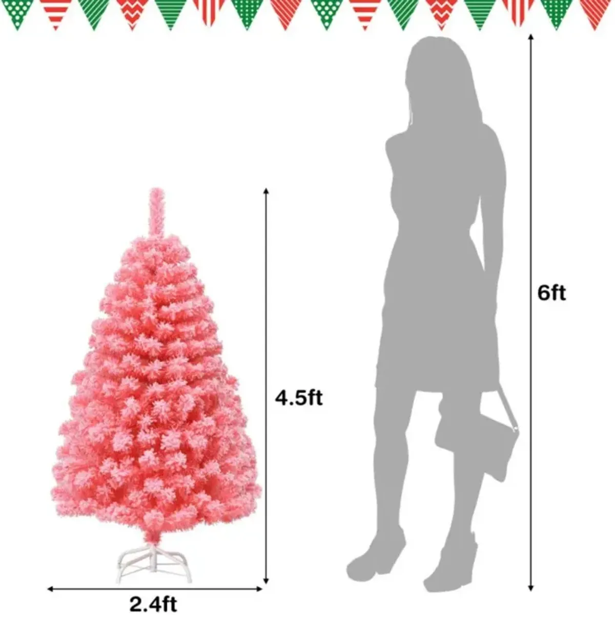 Hivvago 4.5/6.5/7.5 Feet Pink Christmas Tree with Snow Flocked PVC Tips and Metal Stand