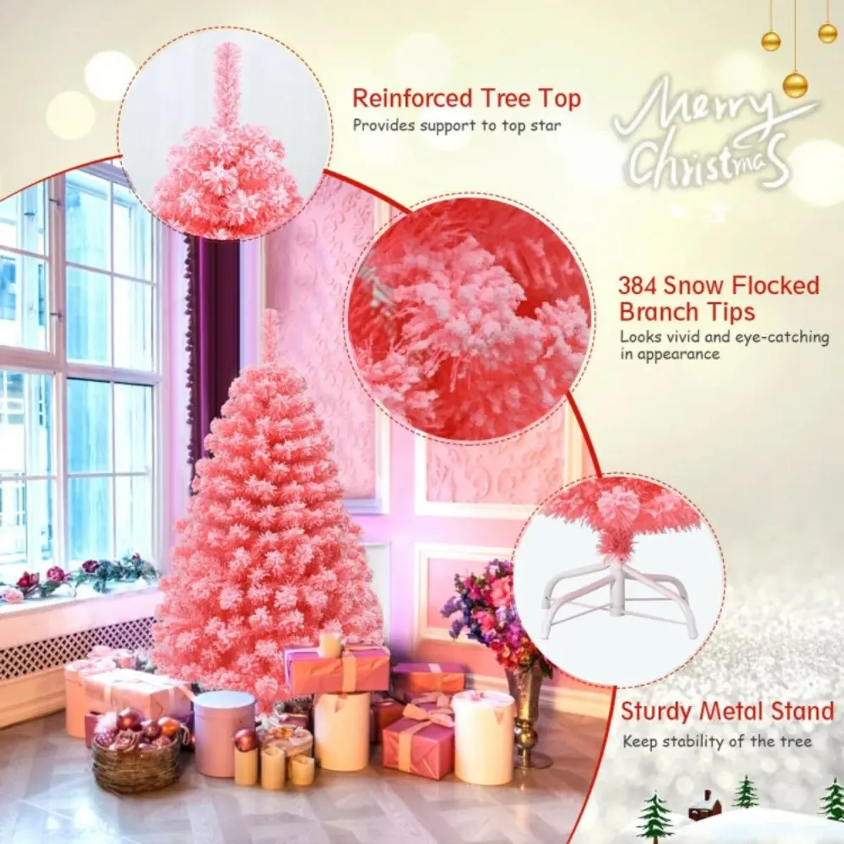 Hivvago 4.5/6.5/7.5 Feet Pink Christmas Tree with Snow Flocked PVC Tips and Metal Stand