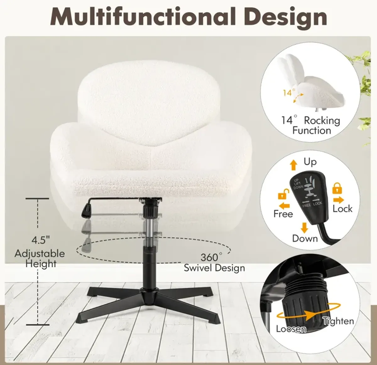 Swivel Cross Legged Chair with Adjustable Height and Rocking Function-White