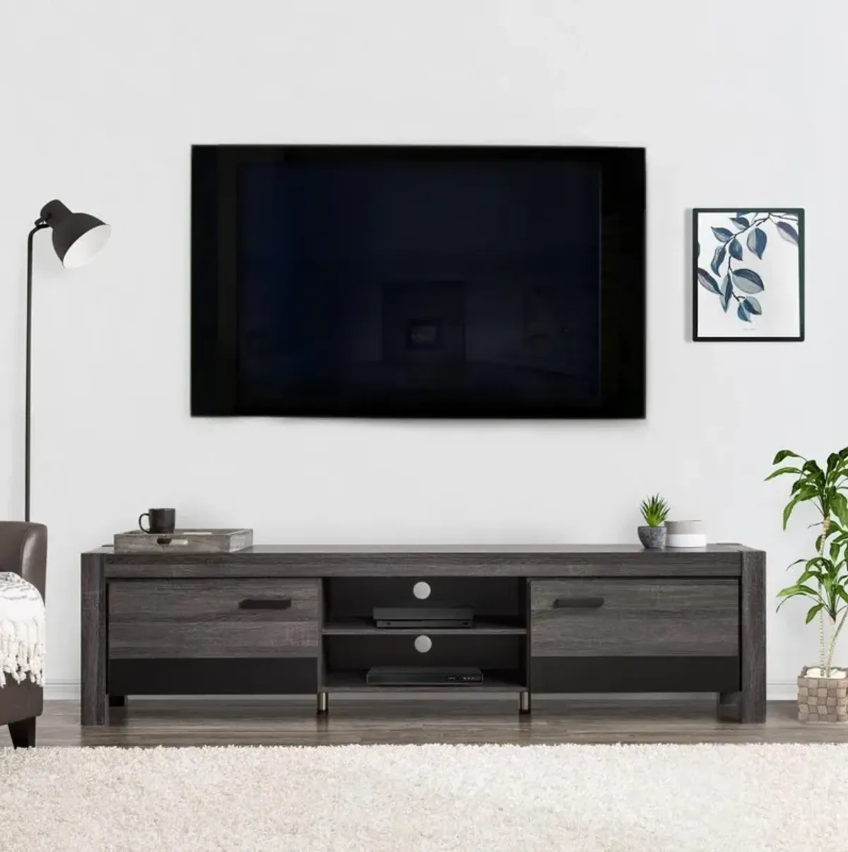 CorLiving Distressed Carbon Grey with Black Duotone Chunky TV Bench for TVs up to 90
