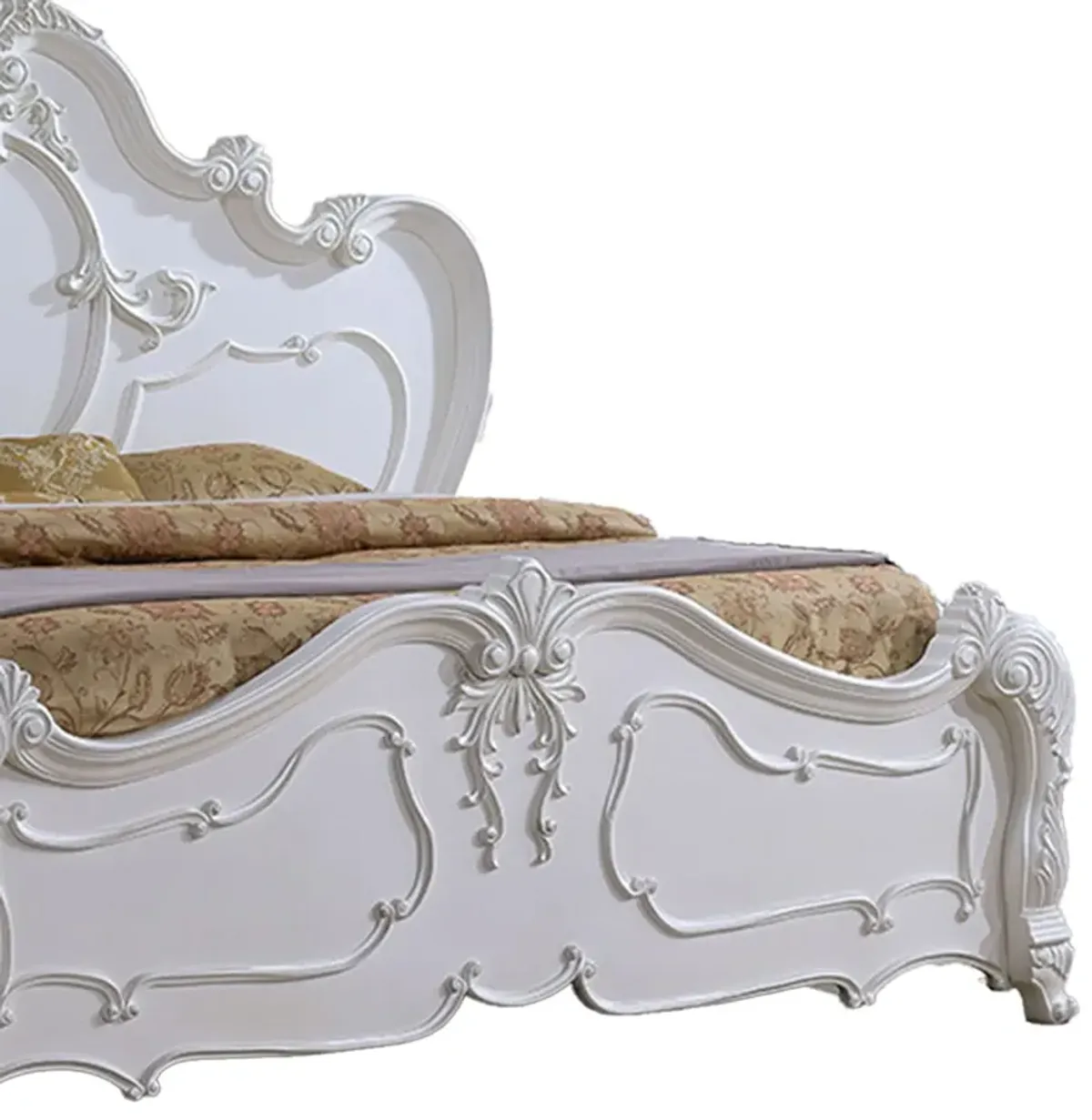 Rosy Queen Size Bed, Carved Details, Turned Legs, White Solid Wood Frame - Benzara