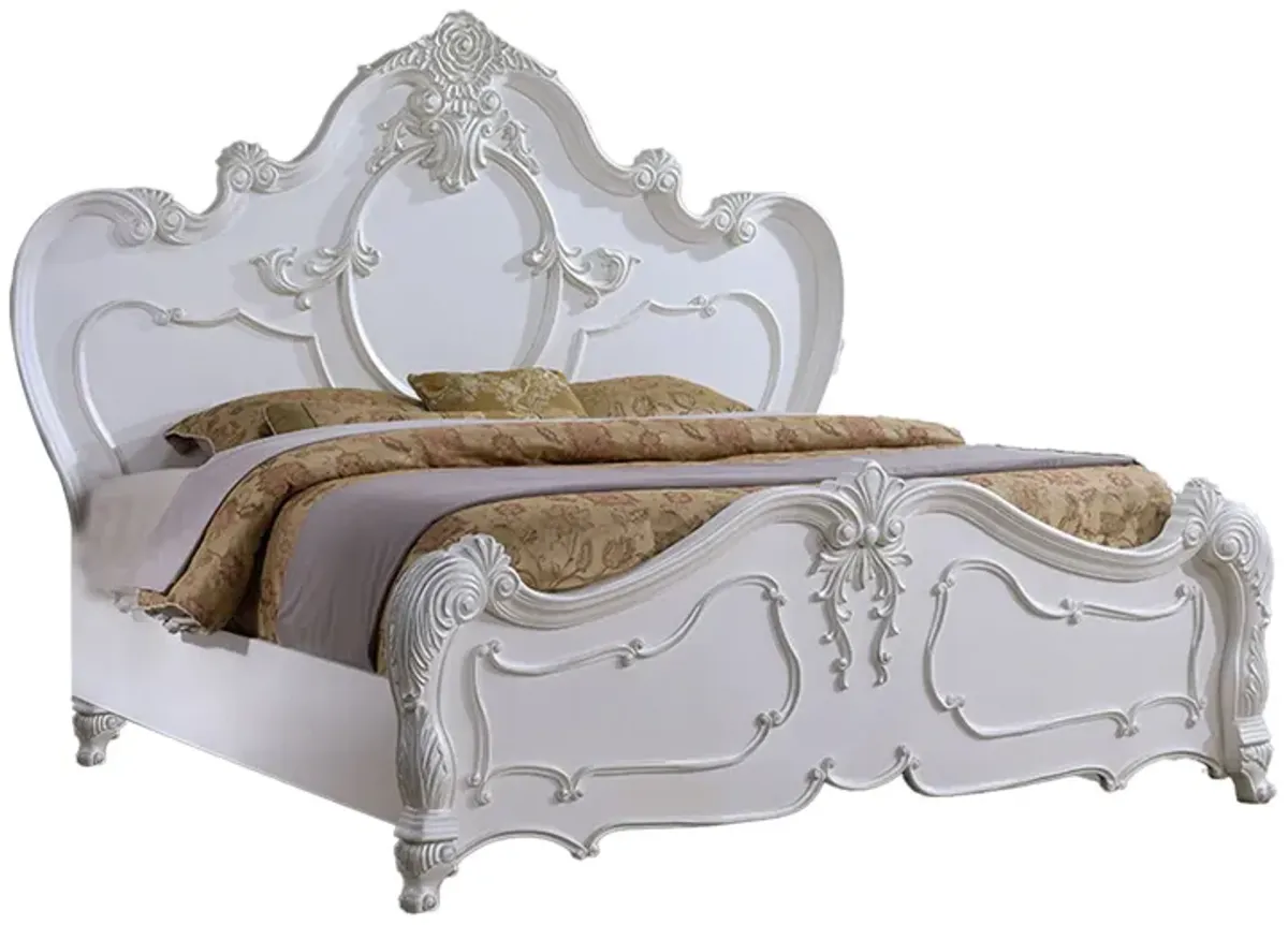 Rosy Queen Size Bed, Carved Details, Turned Legs, White Solid Wood Frame - Benzara