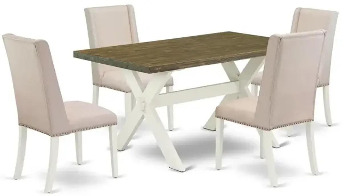 East West Furniture 5-Piece Modern Dining Room Set an Excellent Distressed Jacobean Dining Table Top and 4 Attractive Linen Fabric Parson Chairs with Nails Head and Stylish Chair Back, Linen White Fin