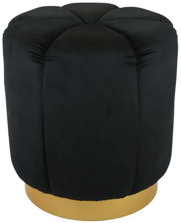 19 Inch Sylvie Round Ottoman Stool, Soft Black Velvet, Gold Metal Base - Benzara