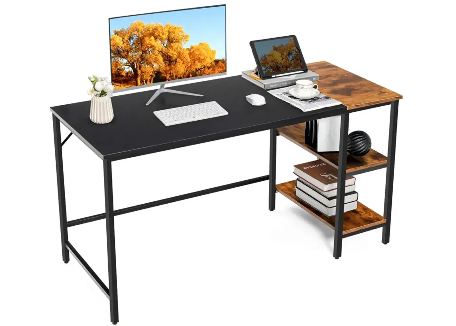 Costway 55'' Computer Desk Writing Workstation Study Table Home Office with Bookshelf Rustic