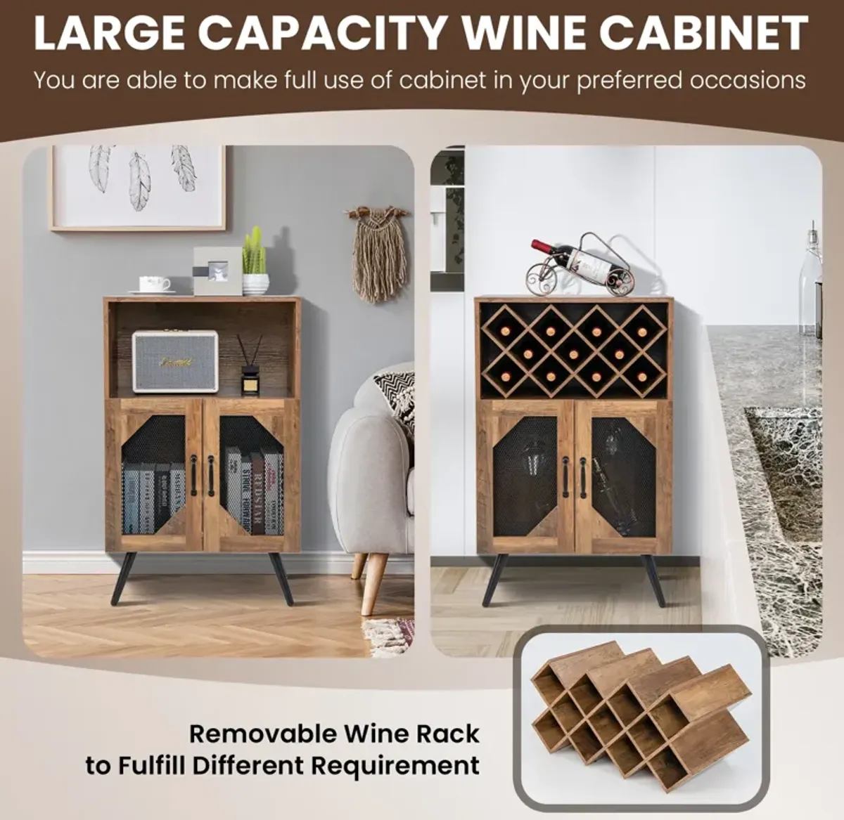 2-Door Farmhouse Kitchen Storage Bar Cabinet with Wine Rack and Glass Holder-Rustic Brown