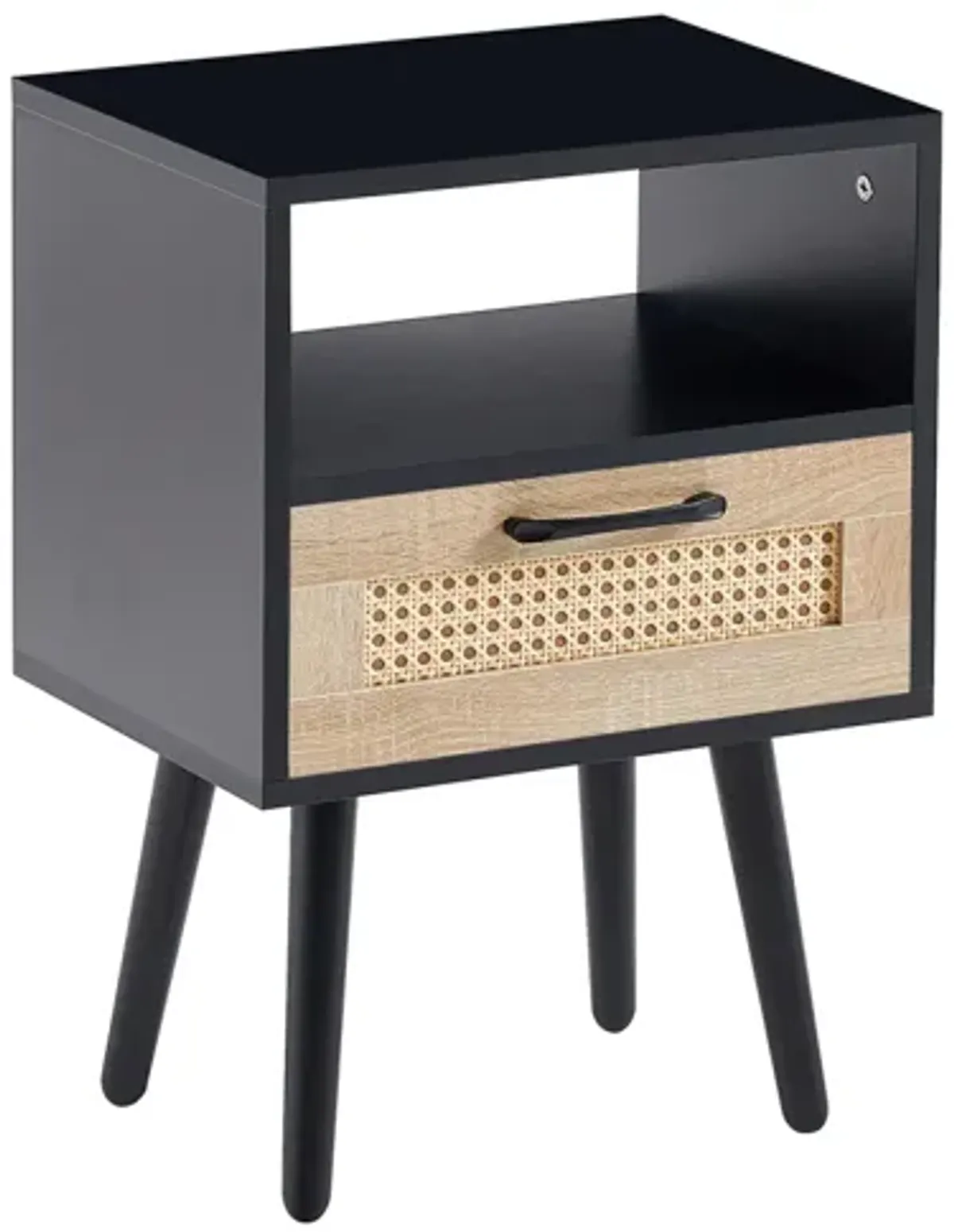 Rattan End table with drawer and solid wood legs, Modern nightstand, side table for living roon, bedroom, black