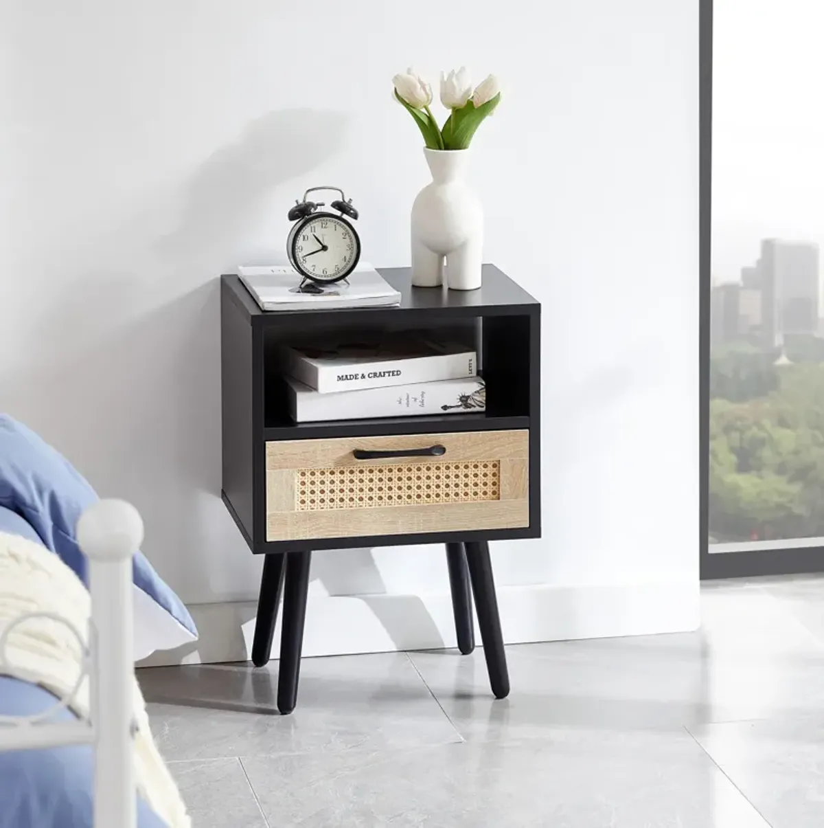 Rattan End table with drawer and solid wood legs, Modern nightstand, side table for living roon, bedroom, black