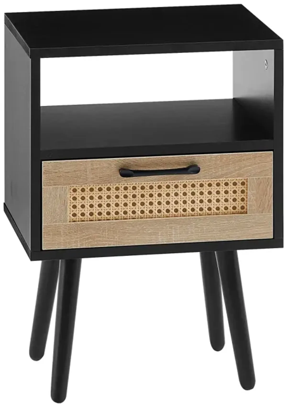 Rattan End table with drawer and solid wood legs, Modern nightstand, side table for living roon, bedroom, black