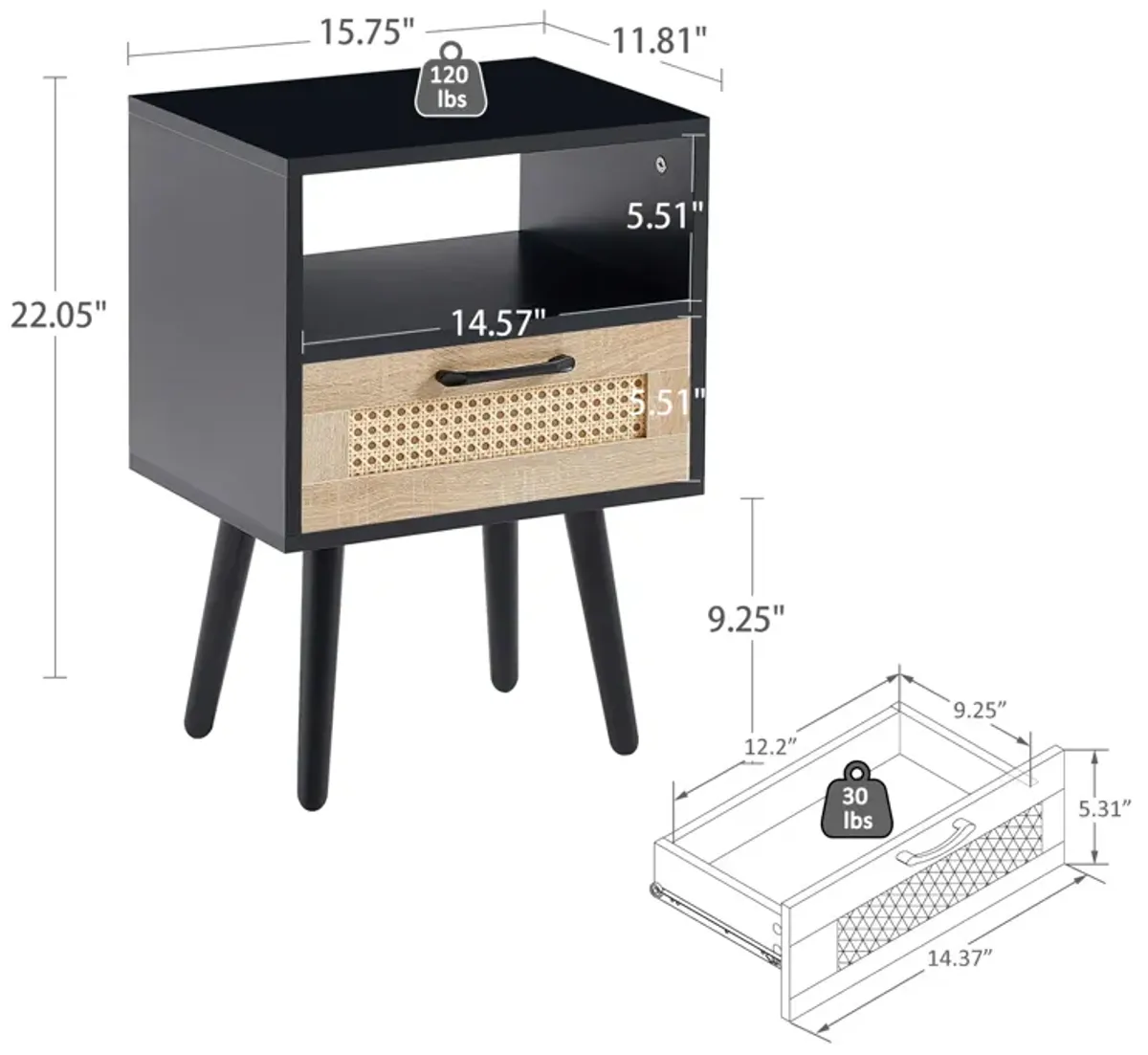 Rattan End table with drawer and solid wood legs, Modern nightstand, side table for living roon, bedroom, black