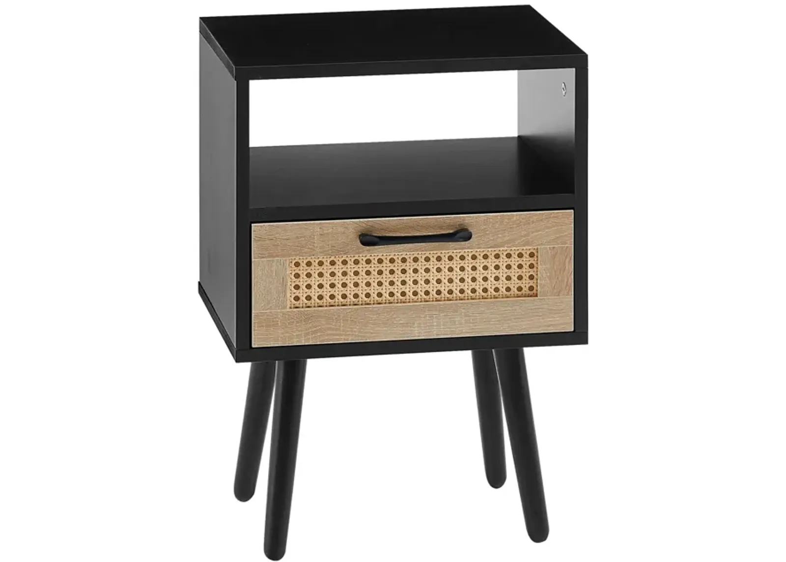 Rattan End table with drawer and solid wood legs, Modern nightstand, side table for living roon, bedroom, black