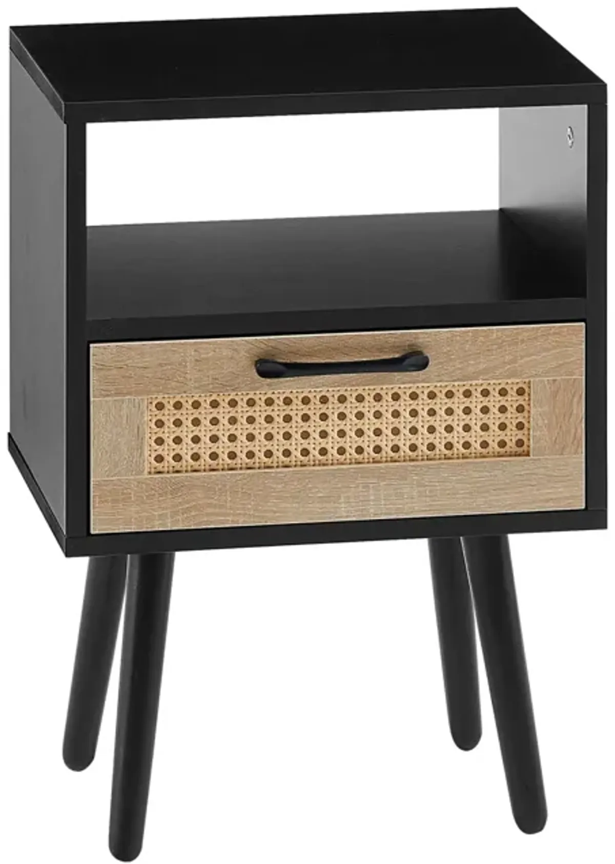 Rattan End table with drawer and solid wood legs, Modern nightstand, side table for living roon, bedroom, black