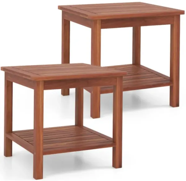 Hivvago Double-Tier Acacia Wood Patio Side Table with Slatted Tabletop and Shelf