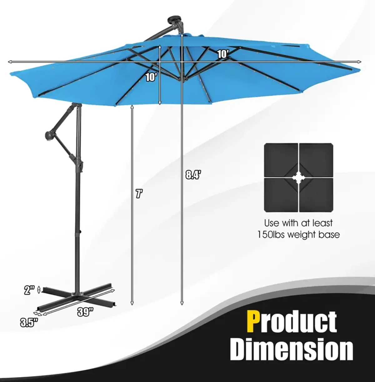 10 Feet Patio Solar Powered Cantilever Umbrella with Tilting System