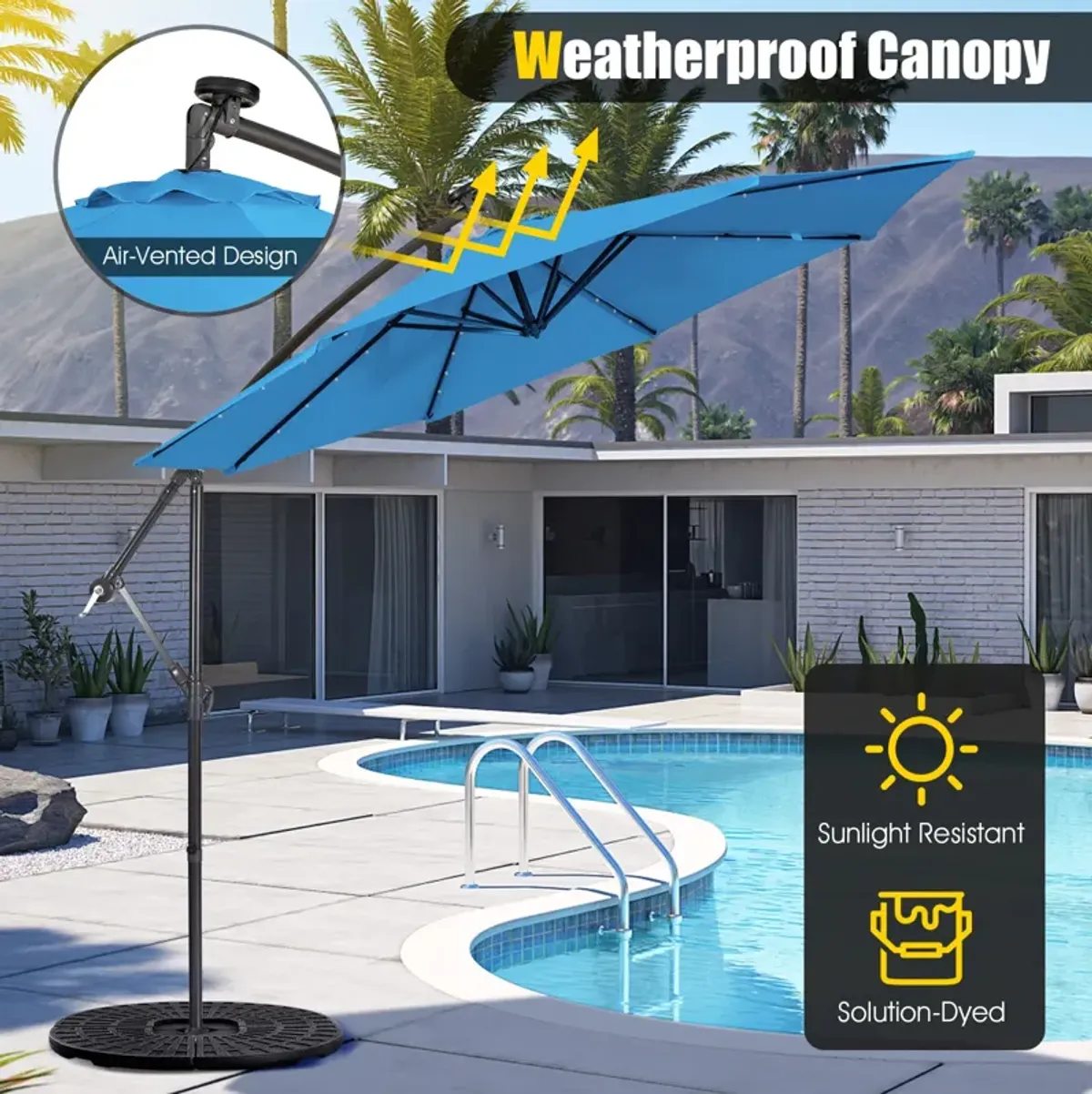 10 Feet Patio Solar Powered Cantilever Umbrella with Tilting System