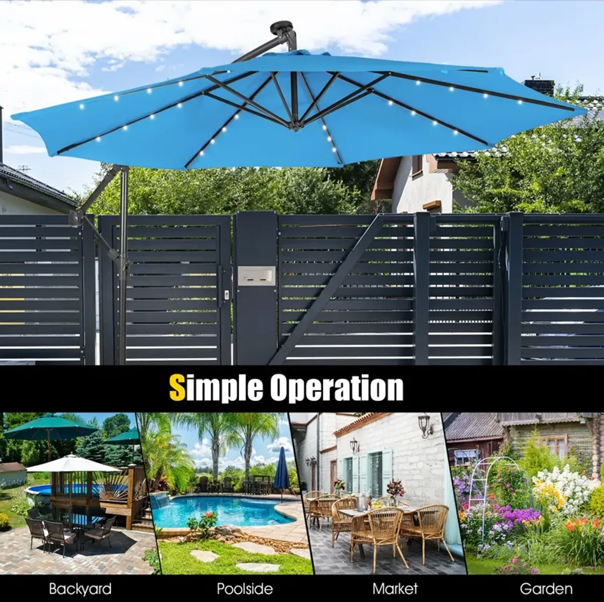 10 Feet Patio Solar Powered Cantilever Umbrella with Tilting System