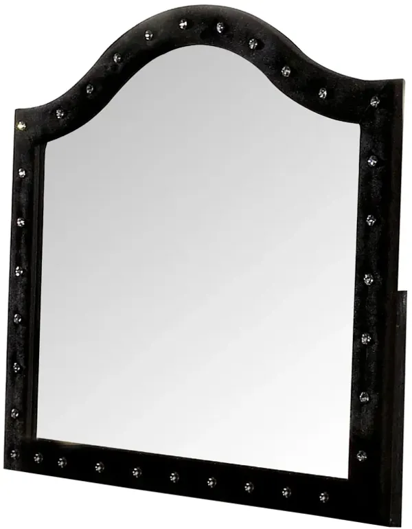 44 Inch Wall Mirror, Velvet Wrapping, Button Tufting, Black-Benzara