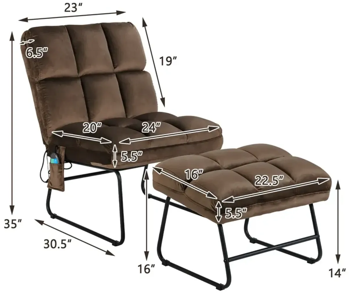 Velvet Massage Recliners with Ottoman Remote Control and Side Pocket