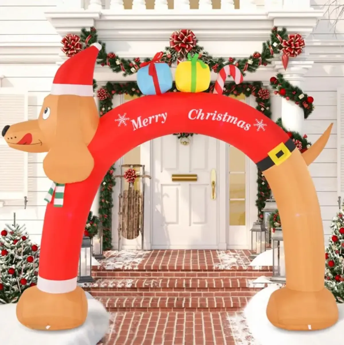 Hivvago 8 Feet Lighted Inflatable Christmas Dachshund Arch with Air Blower