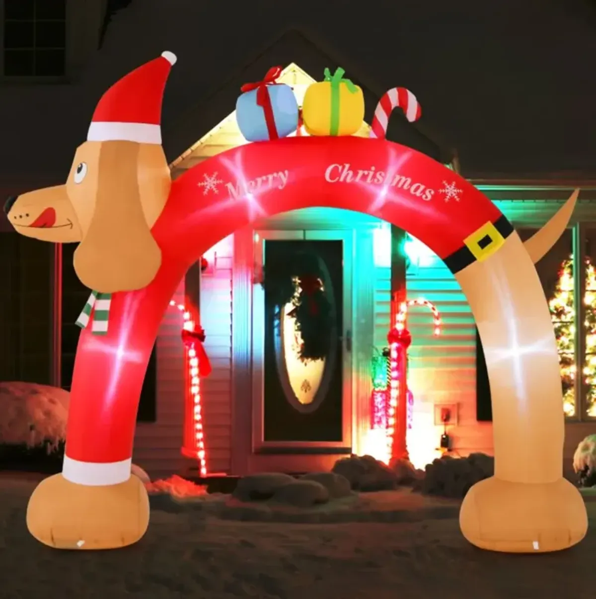 Hivvago 8 Feet Lighted Inflatable Christmas Dachshund Arch with Air Blower