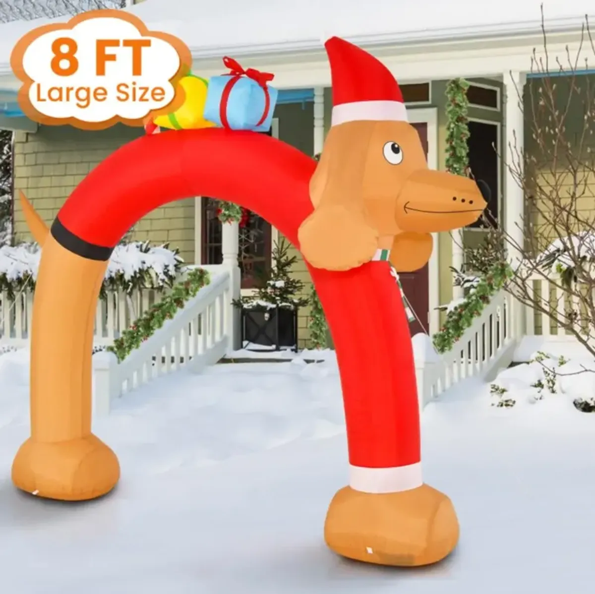 Hivvago 8 Feet Lighted Inflatable Christmas Dachshund Arch with Air Blower